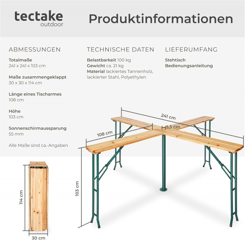 Quattro Bierzeltgarnitur Stehtisch XXL Biertisch Klapptisch Gartentisch aus Holz klappbar Outdoor – 3