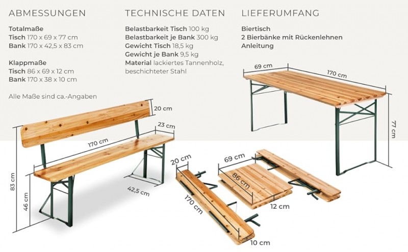 Bierzeltgarnitur mit Rückenlehne Biertisch Esstisch Klapptisch Campingtisch 2 x Bank mit Rückenlehne – 2