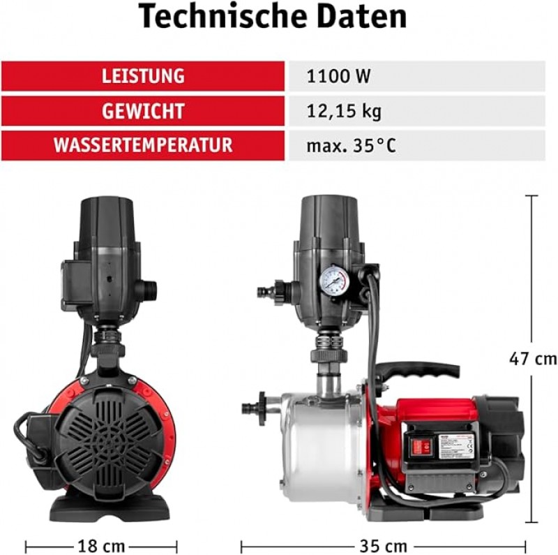 Hauswasserautomat Hauswasserwerk 1100 W Wasserpumpe Trockenlaufschutz Wasserversorgung Brunnen – 2