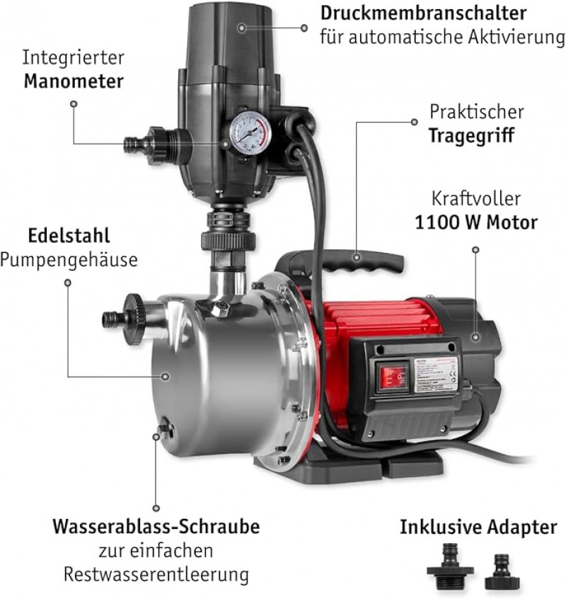 Hauswasserautomat Hauswasserwerk 1100 W Wasserpumpe Trockenlaufschutz Wasserversorgung Brunnen – 3