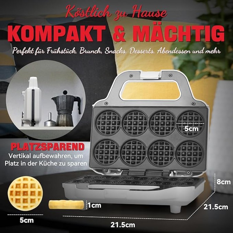 Mini-Waffelmaschine Waffeleisen kleine Waffelmaschine backt 8 x 5cm winzige Waffeln kompakt – Thumbnail 6