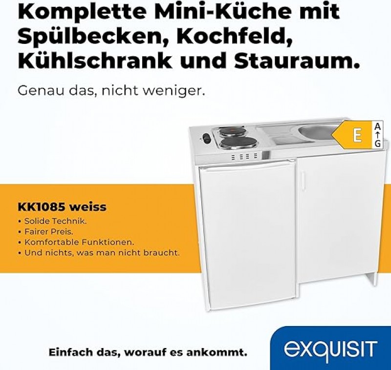 Mini-Küche Miniküche weiss Kühlschrank mit 76 l Nutzinhalt Masse-Kochfeld elektrisch 230 V Edelstahl – 3