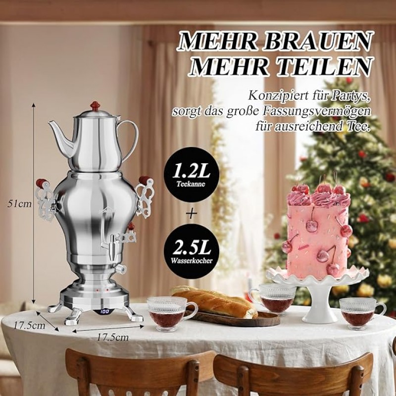 Türkischer Teekocher Wasserkocher elektrisch Samoware Edelstahl 1850 Watt Teemaschine 2,5 L + 1,2 L – 2