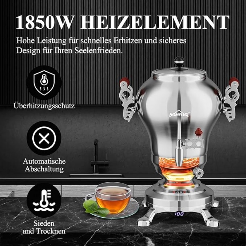Türkischer Teekocher Wasserkocher elektrisch Samoware Edelstahl 1850 Watt Teemaschine 2,5 L + 1,2 L – 3