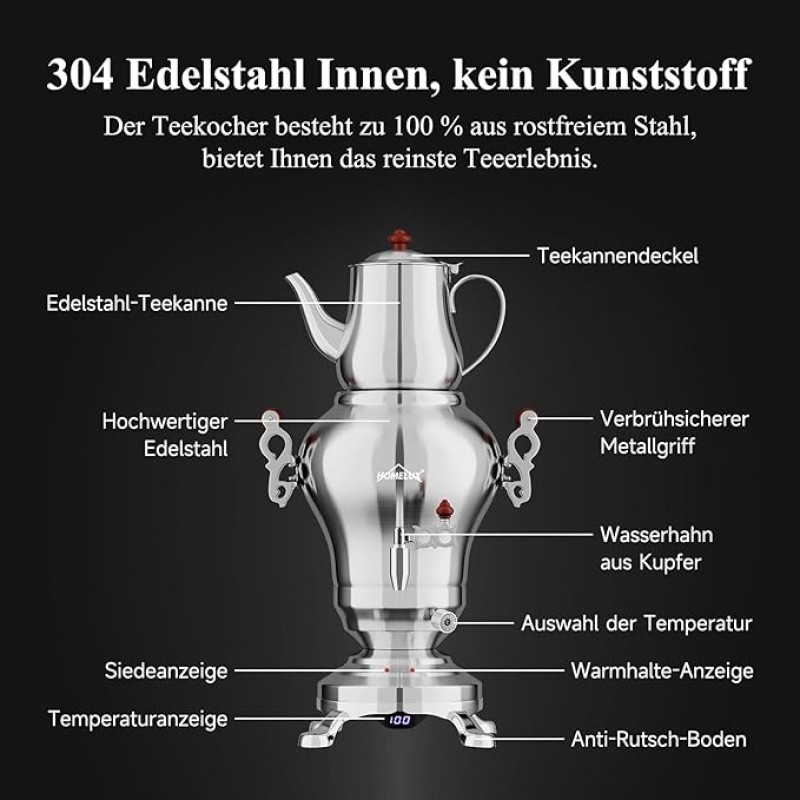 Türkischer Teekocher Wasserkocher elektrisch Samoware Edelstahl 1850 Watt Teemaschine 2,5 L + 1,2 L – 4