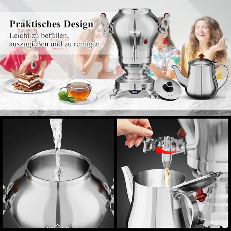 Türkischer Teekocher Wasserkocher elektrisch Samoware Edelstahl 1850 Watt Teemaschine 2,5 L + 1,2 L – 5