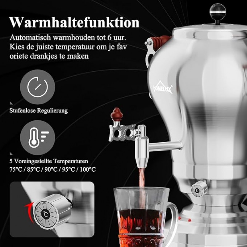 Türkischer Teekocher Wasserkocher elektrisch Samoware Edelstahl 1850 Watt Teemaschine 2,5 L + 1,2 L  – Thumbnail 6
