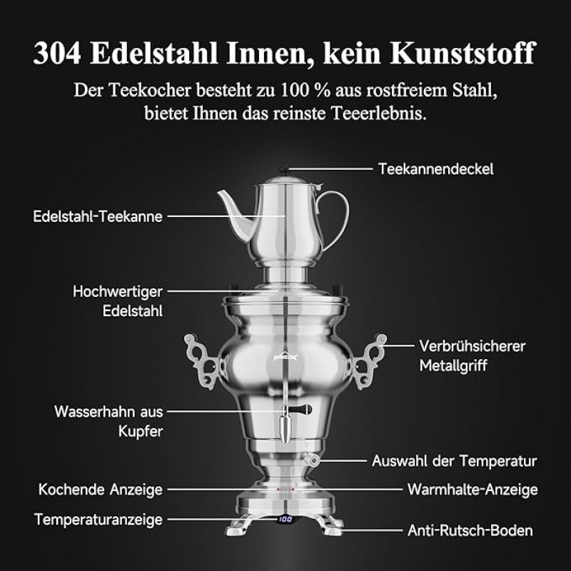 Teemaschine elektrisch Wasserkocher Teekocher Edelstahl 1850 Watt 5 L + 1,6 L Teekannen Set Warmhalt – 3