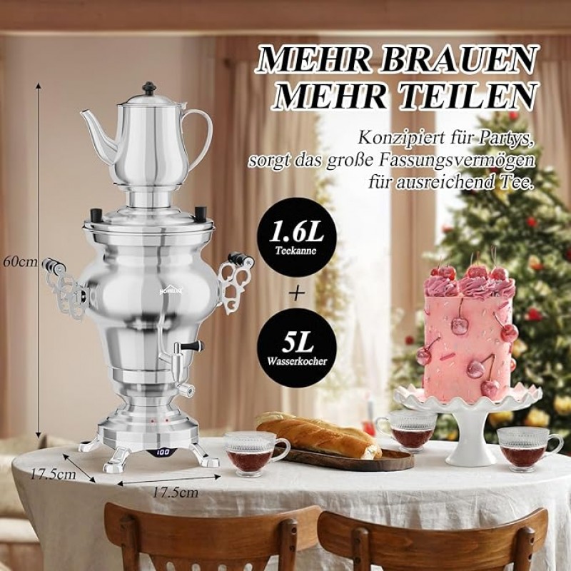 Teemaschine elektrisch Wasserkocher Teekocher Edelstahl 1850 Watt 5 L + 1,6 L Teekannen Set Warmhalt – Thumbnail 7