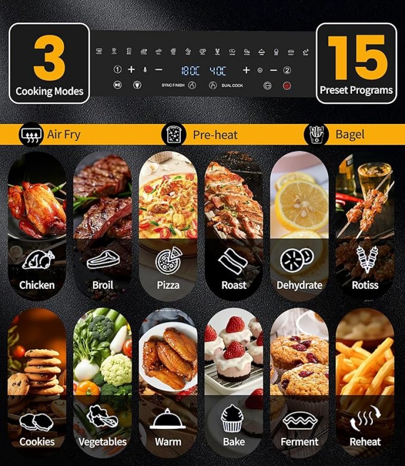 Heißluftfritteuse 23 L Minibackofen Multikocher Dual Zone XXL 1800 W LED-Touchscreen 15 Programme – 4