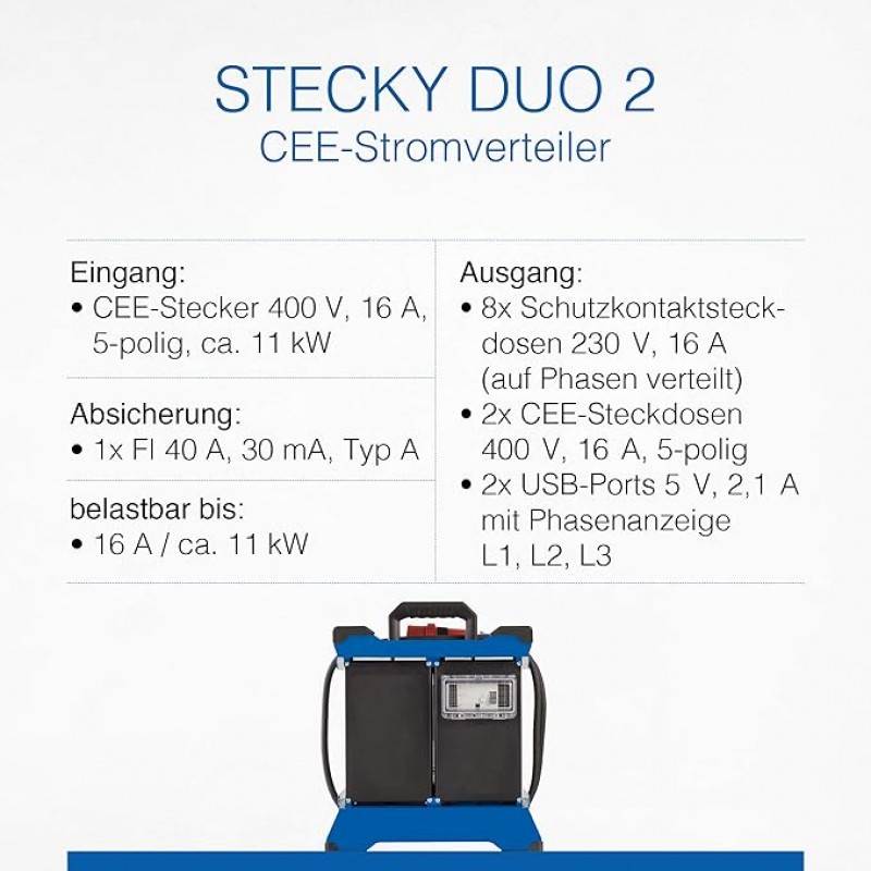 Stromverteiler Baustromverteiler Stromstation tragbar 2 CEE Stecker 400V/16A/5polig – 8 x Schuko – 4