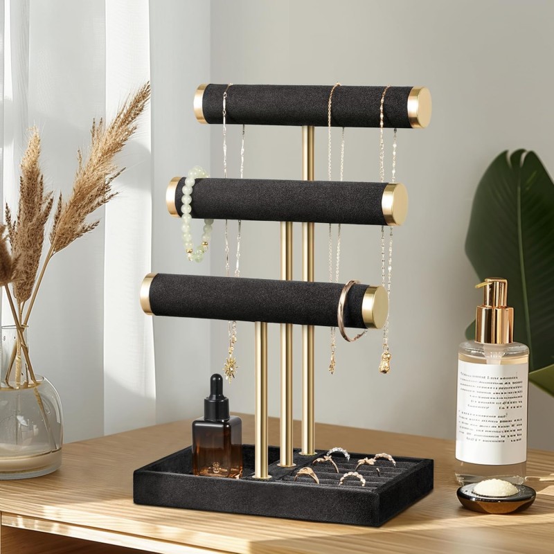 Schmuckständer Schmuck Organizer mit 3 Ebenen schwarz Armbänder abnehmbarer T-Steg Schmuck Ständer – Thumbnail 7