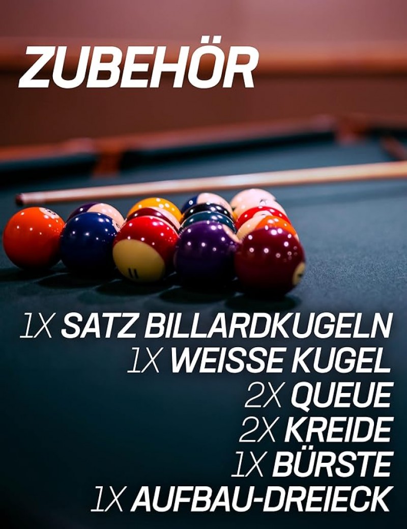 Pool Billard Billardtisch Tischbillard inkl. einem Satz Kugeln Aufbaudreieck 2 Queues mit Kreide – 3