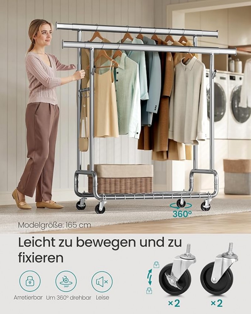 Schwerlast-Garderobenständer Kleiderständer Garderobenständer auf Rollen 2 ausziehbare Kleiderstange – Thumbnail 7