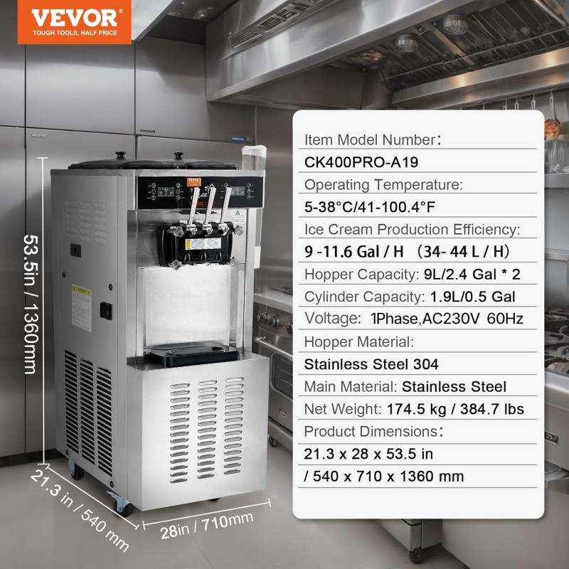 Kommerzielle Eismaschine Softeismaschine 34–44 L/h Leistung 1850W freistehend 3 Geschmacksrichtungen – 3
