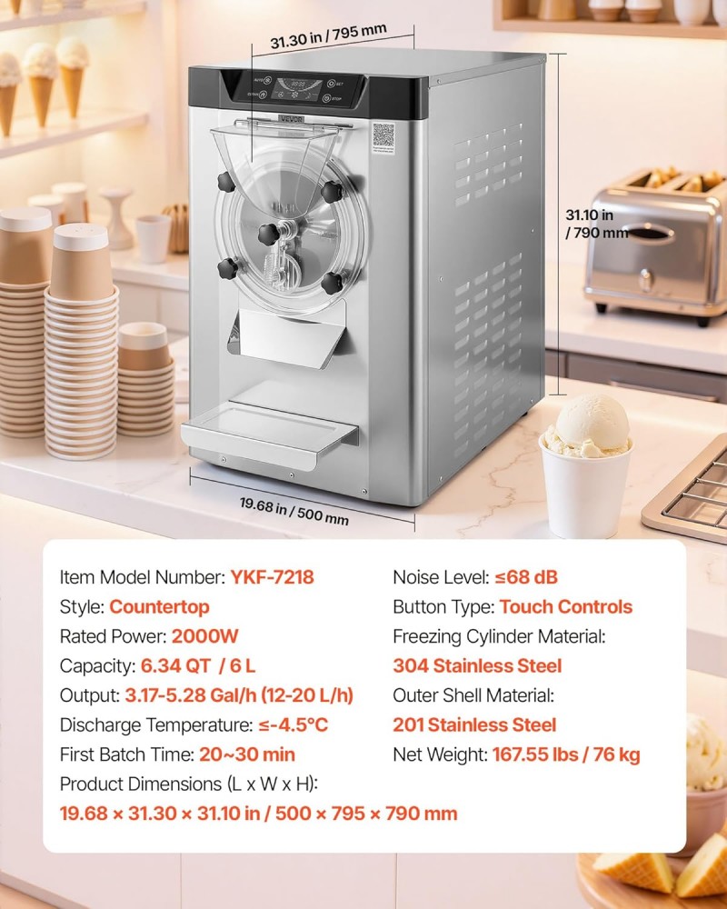 Eiscrememaschine gewerblich Eismaschine Bällcheneis 2000 W 12–20 L/h Tischgerät Gelato 6 L Edelstahl – Thumbnail 8
