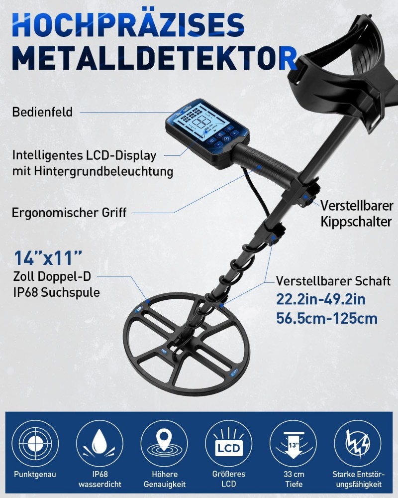 Detektor Metalldetektor Professional 14“ Metallsucher wasserdichter &amp; breiter Scanbereich DD-Suche – Thumbnail 6
