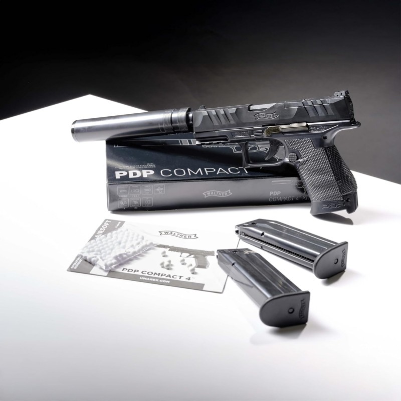 Pistole mit Schalldämpfer Airsoft Waffe 6 mm Federdruck < 0,5J Schalldämpfer-Attrappe 2 Magazine – 5