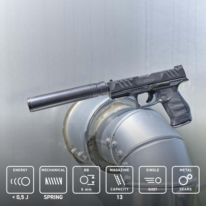 Pistole mit Schalldämpfer Airsoft Waffe 6 mm Federdruck < 0,5J Schalldämpfer-Attrappe 2 Magazine – Thumbnail 6