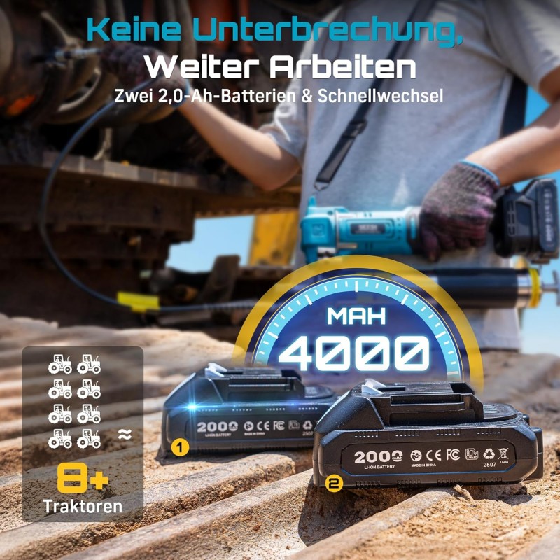 Fettpresse elektrisch hocheffizientes 6,4 oz/min 10000 PSI Kit mit 2 x 2,0Ah Batterien 39.4“ – 5