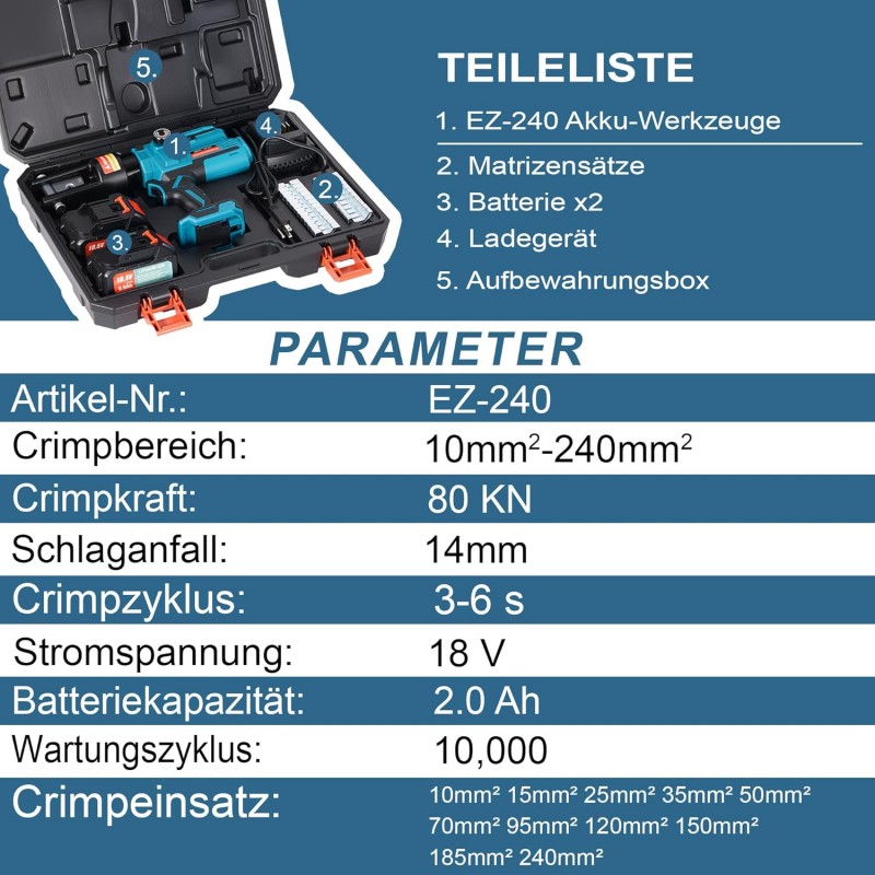 Crimpzange Kabelschuhpresse Crimpmaschine elektrisch wiederaufladbar hydraulisch tragbar 18V Lithium – 3