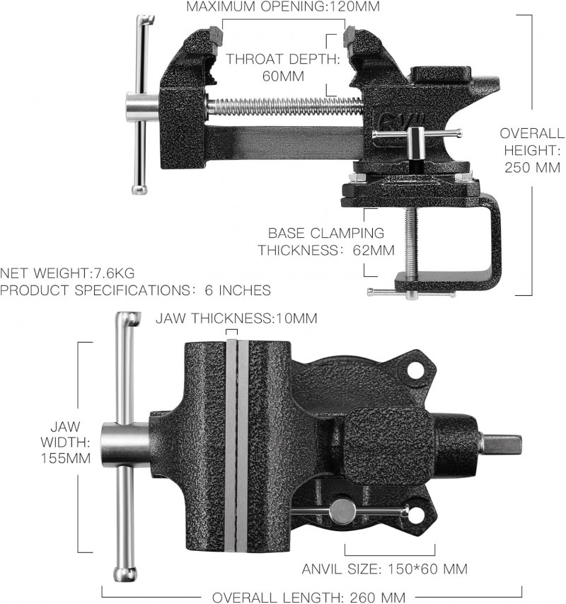 Schraubstock Tischraubstock Schraubzwinge 150 mm drehbar 270° Werkbank maximale Öffnung 115 mm – 2