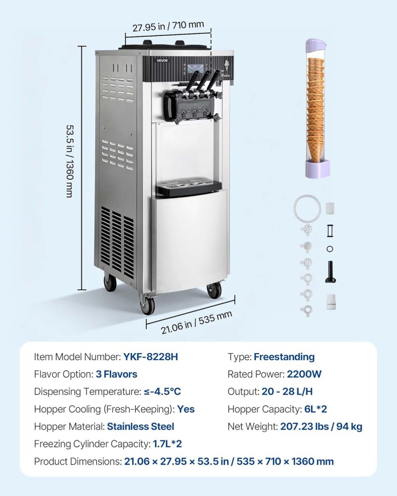 Kommerzielle Softeismaschine 2200 W Eismaschine freistehend 20-28 L/h 3 Geschmacksrichtungen – 3