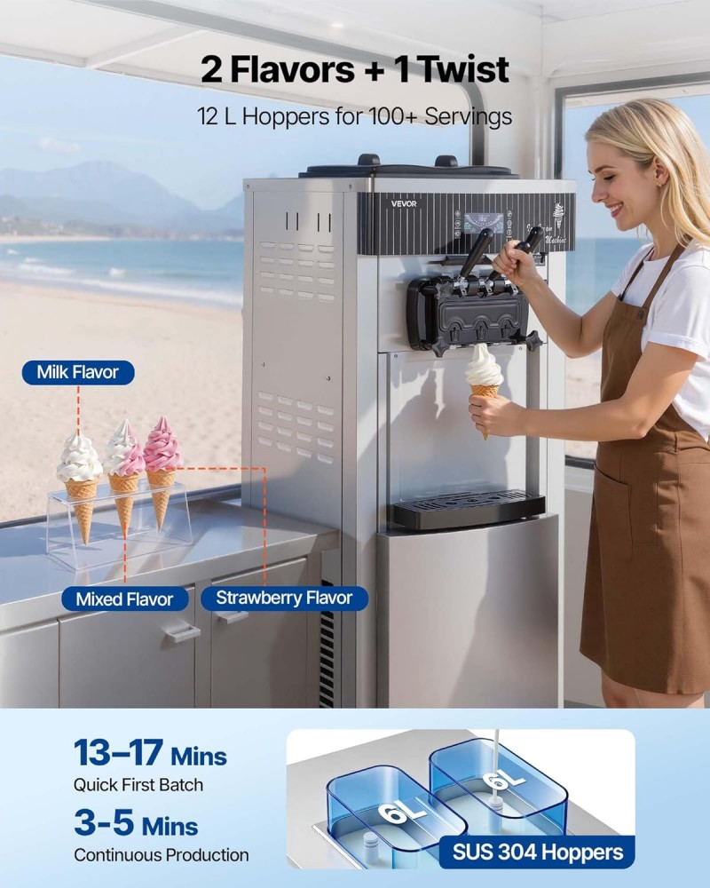 Kommerzielle Softeismaschine 2200 W Eismaschine freistehend 20-28 L/h 3 Geschmacksrichtungen – Thumbnail 6