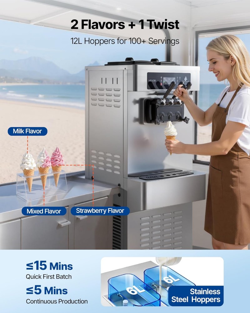 Eiscrememaschine freistehend Softeismaschine 2 x 6 L 20-28 L/h Speiseeisbereiter Eismaschine 2200 W – Thumbnail 6
