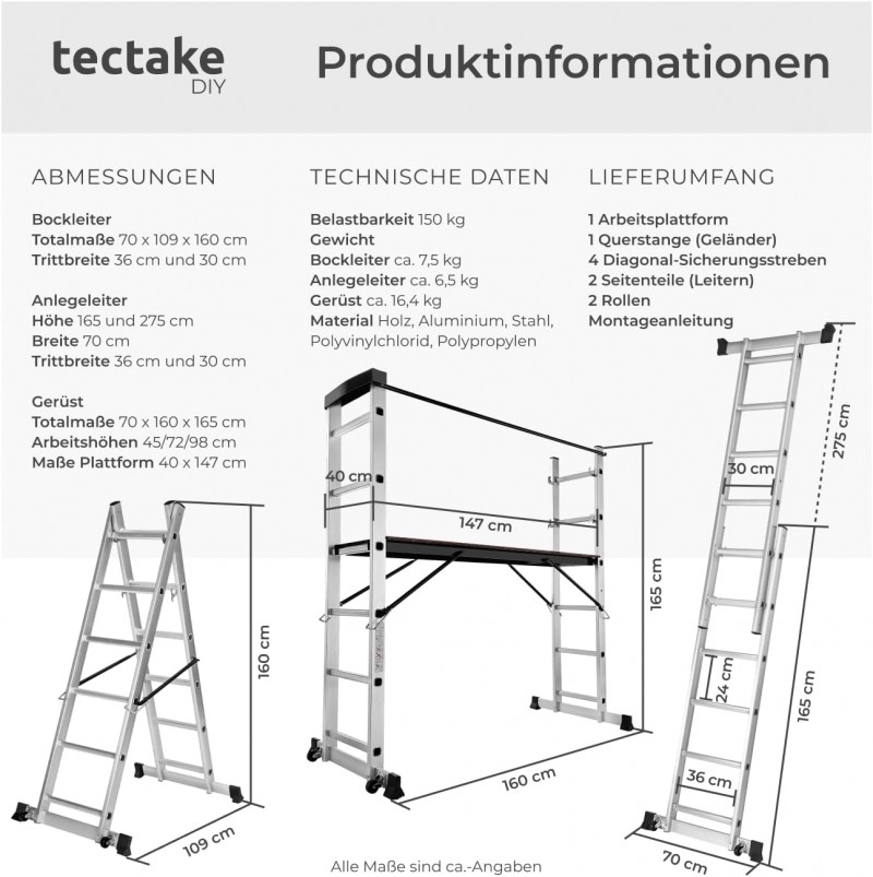 Gerüst Arbeitshöhe bis 3 m Leiter 4 in 1 mobile Mehrzweckleiter Arbeitsbühne Baugerüst Alu Gerüst – 2