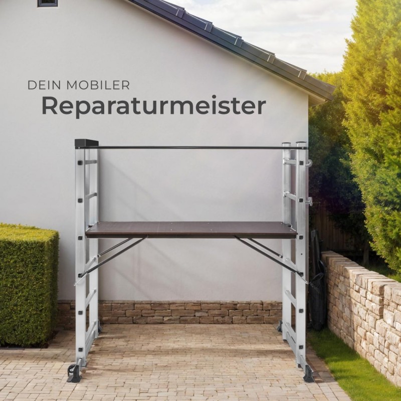 Gerüst Arbeitshöhe bis 3 m Leiter 4 in 1 mobile Mehrzweckleiter Arbeitsbühne Baugerüst Alu Gerüst – Thumbnail 7