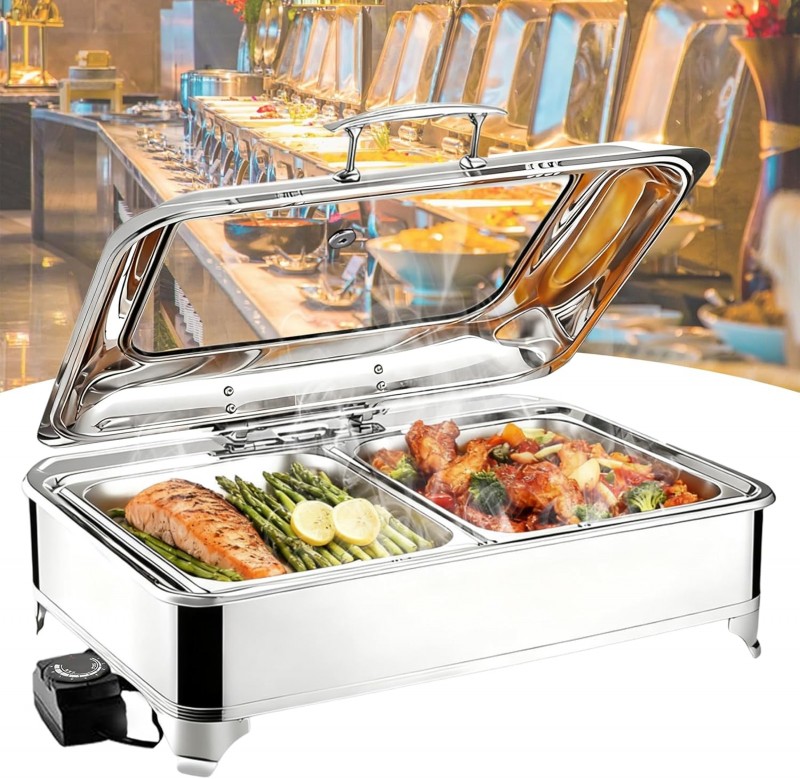 Elektrischer Speisewärmer 1/2 Chafing Dish Glasdeckel 9L Wärmebehälter Buffet Edelstahl Buffetwärmer – Thumbnail 6
