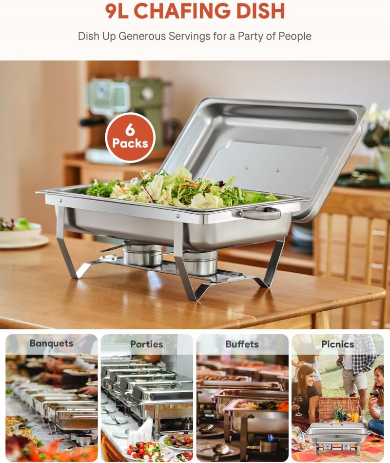 Buffet-Set 6 x 9 L = 54 L Chafing Dish Speisewärmer 6pcs Warmhaltebehälter Wärmebehälter Edelstahl – 5