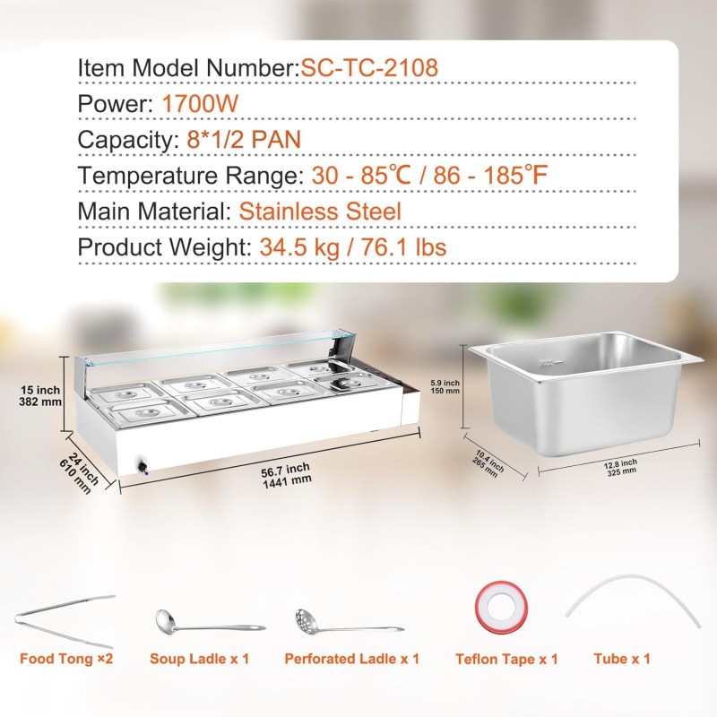 Kommerzieller Speisenwärmer elektrisch 1700 W mit 8 Behältern (je 8 Qt / 1/2 Größe) Dampftisch – Thumbnail 7