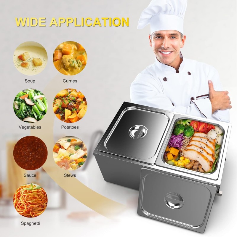 Edelstahl Bain Marie Speisewärmer 2 Sektionen 18L Buffet professionell Dampftisch mit Deckel – Thumbnail 7