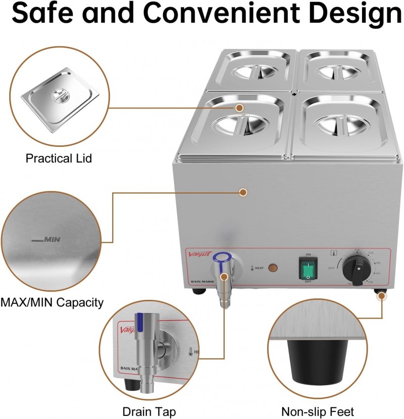 Gewerblicher Speisewärmer 4er Edelstahl Bain Marie 4 Behälter 15 L Buffet professionell Dampftisch – 4