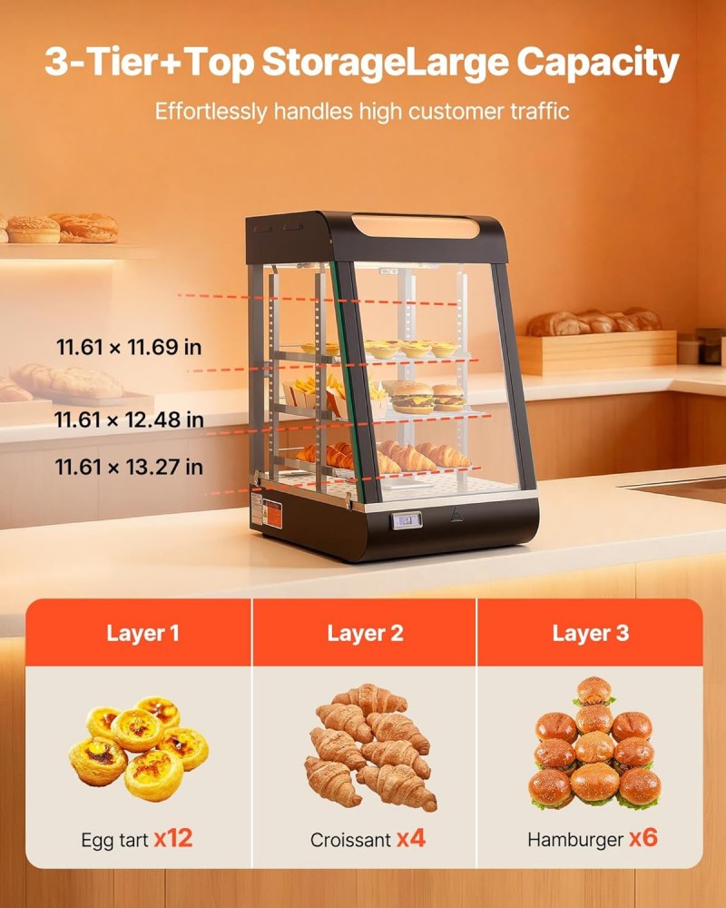 Wärmetheke 3-stöckig 57 L Warmhaltevitrine 800 W Warmhaltetheke 30–85 °C Speisenwärmer mit LED – Thumbnail 6
