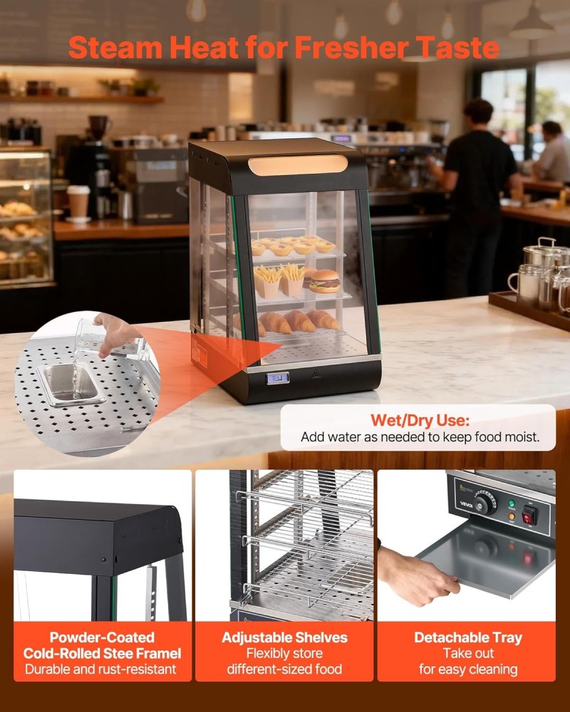 Wärmetheke 3-stöckig 57 L Warmhaltevitrine 800 W Warmhaltetheke 30–85 °C Speisenwärmer mit LED – Thumbnail 7