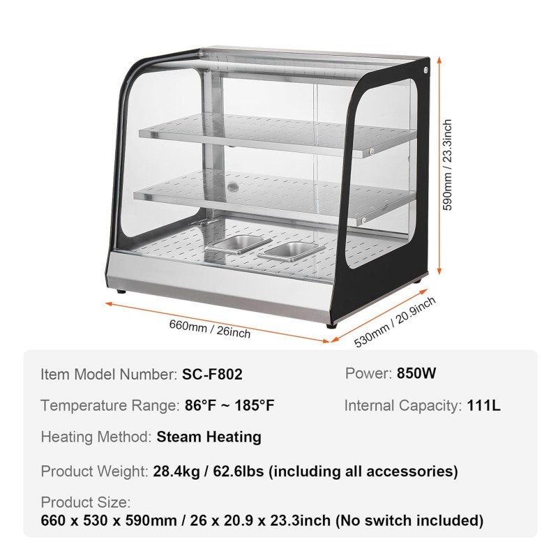 111 L Speisenwärmer 2-stufig kommerziell 850 W Speisenwärmer mit gehärtetem Glas und Dampfheizung – Thumbnail 7