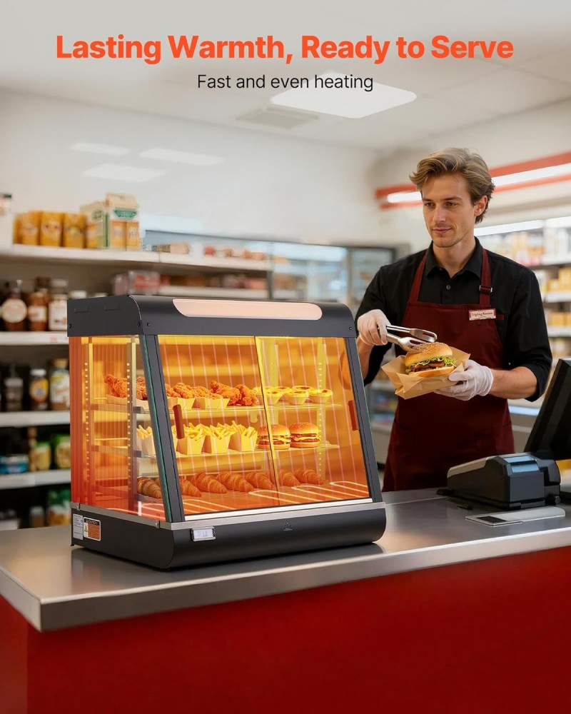 Warmhaltevitrine 100 L Wärmetheke 3-stöckig 1200 W Warmhaltetheke 30–85 °C Speisenwärmer LED-Beleuch – Thumbnail 7