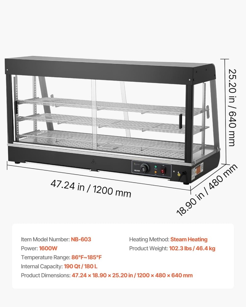 Wärmetheke 180 L 3-stöckig Warmhaltevitrine 1600 W Warmhaltetheke 30–85 °C Speisenwärmer LED-Beleuch – 3