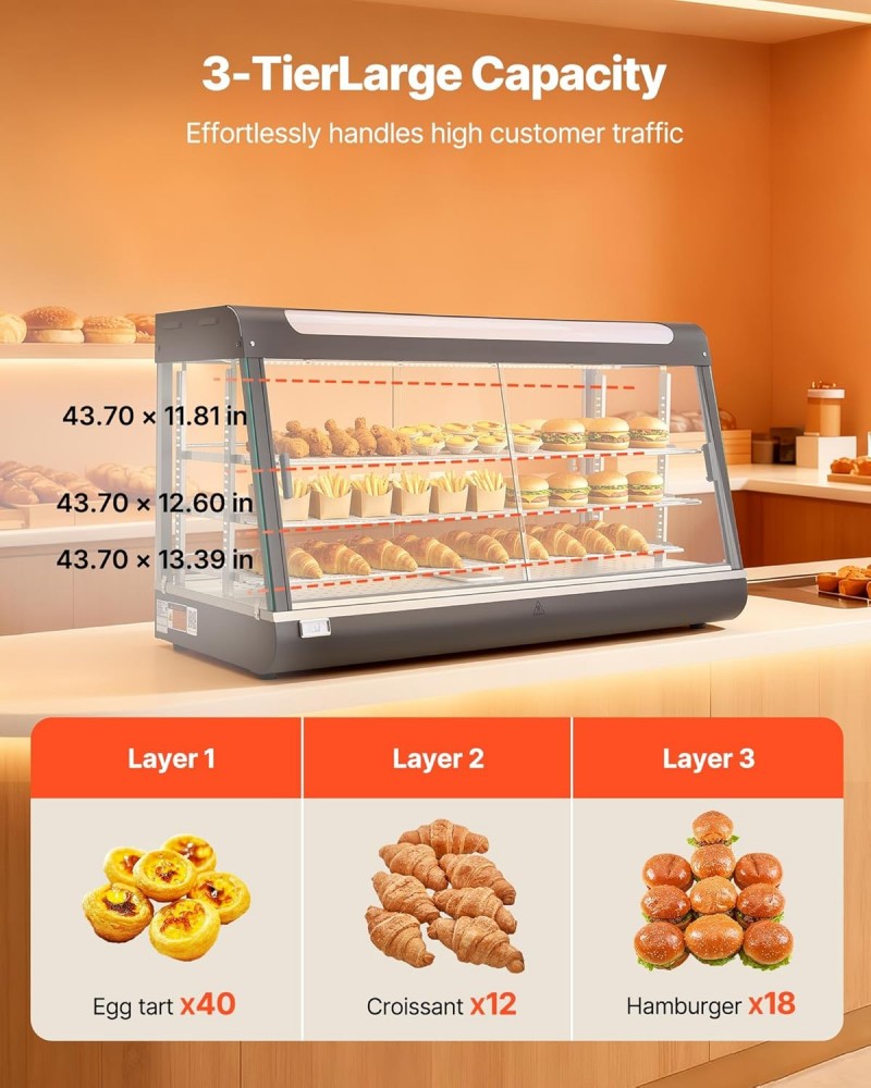 Wärmetheke 180 L 3-stöckig Warmhaltevitrine 1600 W Warmhaltetheke 30–85 °C Speisenwärmer LED-Beleuch – Thumbnail 6