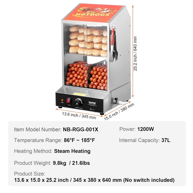 Hot Dog Dampfgarer 37 L 2-stufiger 30°C – 85°C Hot Dog Hütten-Dampfgarer Temperaturregelung – Thumbnail 7