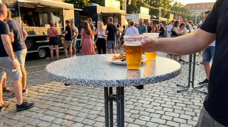 Stehtisch mieten (∅ 80 cm) – Klappbar, grau & wetterfest – Optional mit Husse – 3