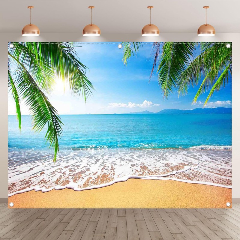 Sommer-Strand Hintergrund 2,43 x 1,8 m Fotografie hawaiianischer tropischer Ozean Palmenblätter Meer – 2