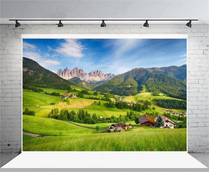 Naturlandschaft Hintergrund Foto 3 x 2 m Vinyl Foto Berg Gras Haus blauer Himmel Fotografie Fotoshoo – 4