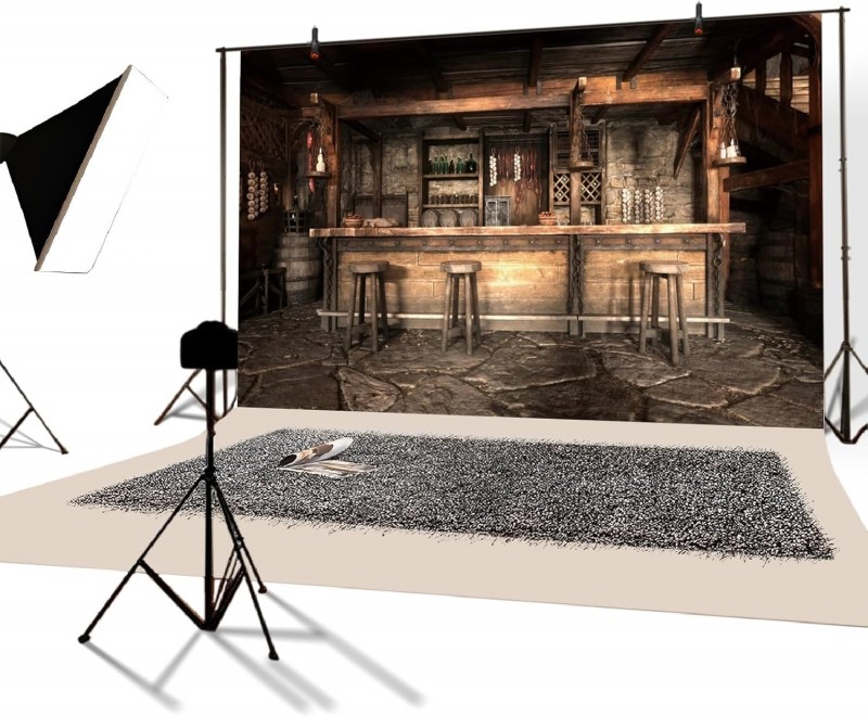 Tavernenbar Hintergrund 3 x 2 m mittelalterlich rustikales Saloon-Interieur Holzhocker Steinboden – 2