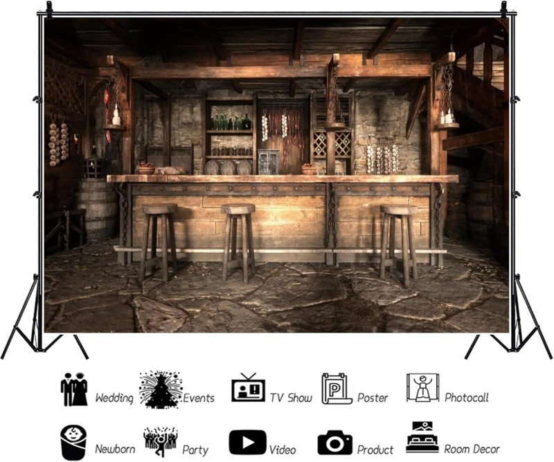 Tavernenbar Hintergrund 3 x 2 m mittelalterlich rustikales Saloon-Interieur Holzhocker Steinboden – 3